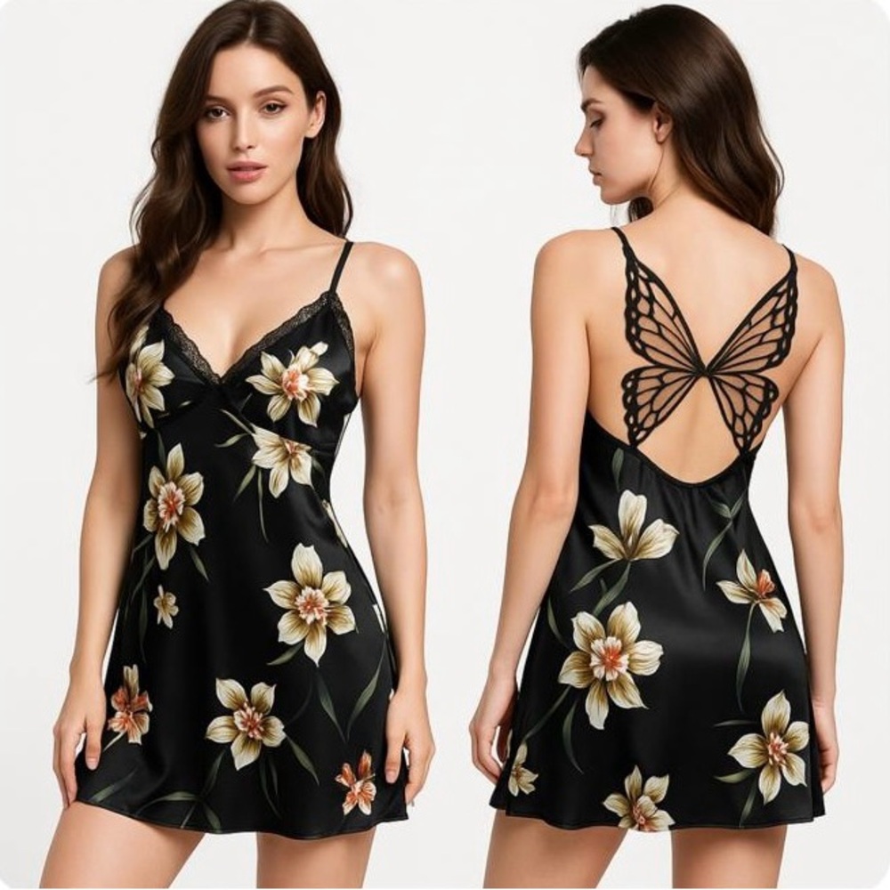 Floral Lace-Trimmed Black Nightgown